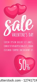 Heart. Sale Valentine's Day calligraphic handwriting lettering. Vector color vintage engraving illustration on magenta mesh background. For 50% discount vertical sticker