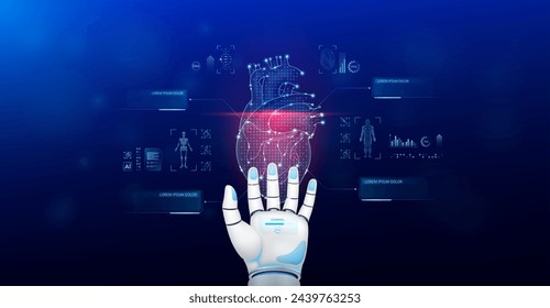 Heart scanning robot doctor diagnose disease on hand. Screen digital interface of system MRI scan human body organ DNA analysis. Future health care innovation. Science medical technology. Vector.