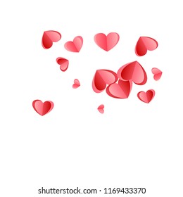 Heart scatter falling on white background. Wedding invitation vector backdrop. Red and pink folded paper hearts. Romantic love symbols. Holiday decoration graphic design.