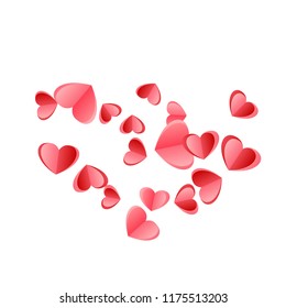Heart scatter falling on white background. Birthday card vector backdrop. Red and pink folded paper cut hearts. Romantic mood elements. Sweet random flying confetti.