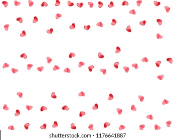 Heart scatter falling on white background. March 8 postcard vector backdrop. Red and crimson folded paper hearts. Romantic mood elements. Elegant flying confetti print design.