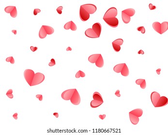Heart scatter falling on white background. Women's Day postcard vector backdrop. Red and pink folded paper cut hearts. Romantic mood symbols. Elegant flying confetti print design.