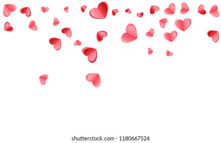 Heart scatter falling on white background. Birthday card vector backdrop. Red and pink folded paper hearts. Couple relations symbols. Holiday decor elements graphic design.