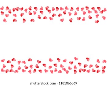 Heart scatter falling on white background. Wedding card vector backdrop. Red and pink folded paper cut hearts. Sweet love symbols. Lovely decor graphic design.