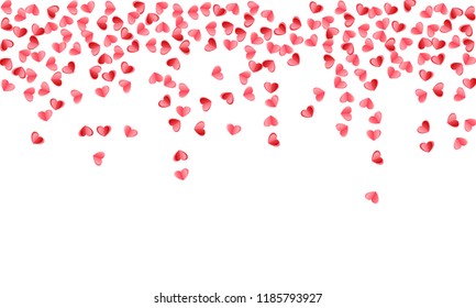 Heart scatter falling on white background. Engagement event vector backdrop. Red and rose color folded paper hearts. Friendship relations symbols. Fancy flying confetti print design.