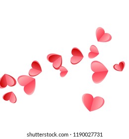 Heart scatter falling on white background. Honeymoon gift vector backdrop. Red and pink folded paper cut hearts. Couple relations symbols. Fancy flying confetti print design.