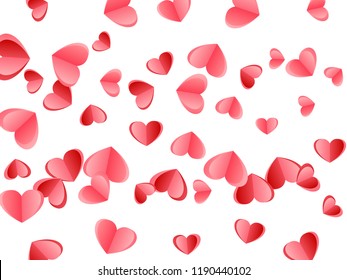 Heart scatter falling on white background. Engagement event vector backdrop. Red and pink folded paper hearts. Sweet love symbols. Fancy decor graphic design.