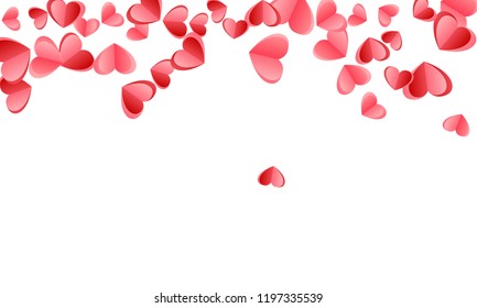 Heart scatter falling on white background. February 14th vector backdrop. Red and rose color folded paper hearts. Romantic mood elements. Lovely decor graphic design.