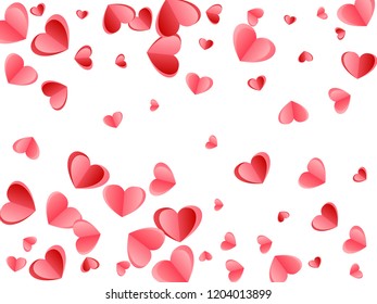 Heart scatter falling on white background. Valentines Day vector backdrop. Red and pink folded paper hearts. Romantic mood symbols. Sweet random flying confetti.