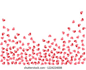 Heart scatter falling on white background. Honeymoon gift vector backdrop. Red and crimson folded paper hearts. Sweet love symbols. Sweet random flying confetti.