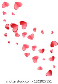 Heart scatter falling on white background. Valentines Day vector backdrop. Red and pink folded paper cut hearts. Couple relations symbols. Lovely random flying confetti.