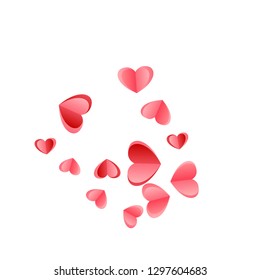 Heart scatter falling on white background. Birthday card vector backdrop. Red and rose color folded paper hearts. Romantic mood symbols. Sweet random flying confetti.