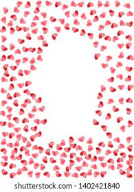 Heart scatter falling on white background. Wedding invitation vector backdrop. Red and crimson folded paper hearts. Romantic mood elements. Fancy flying confetti print design.