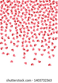Heart scatter falling on white background. Wedding invitation vector backdrop. Red and rose color folded paper hearts. Romantic love symbols. Elegant flying confetti print.