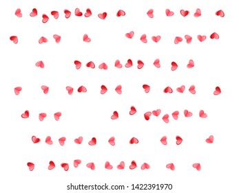 Heart scatter falling on white background. Wedding invitation vector backdrop. Red and pink folded paper cut hearts. Sweet love symbols. Bright decor elements vector design.