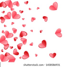 Heart scatter falling on white background. Wedding invitation vector backdrop. Red and crimson folded paper cut hearts. Romantic love symbols. Holiday decoration graphic design.