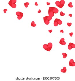 Heart scatter falling on white background. Valentines Day vector backdrop. Red and pink folded paper cut hearts. Couple relations symbols. Lovely random flying confetti.