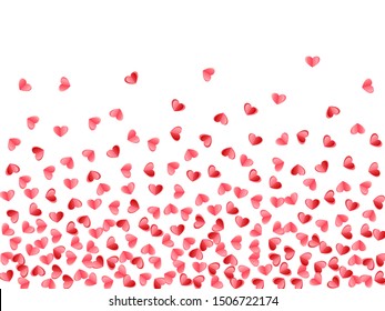 Heart scatter falling on white background. Valentines Day vector backdrop. Red and pink folded paper hearts. Couple relations symbols. Lovely decor graphic design.