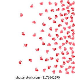 Heart scatter flying on white background. Wedding invitation vector backdrop. Red and pink folded paper hearts. Couple relations symbols. Sweet random flying confetti.