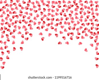 Heart scatter flying on white background. Women's Day postcard vector backdrop. Red and crimson folded paper hearts. Romantic mood elements. Lovely decor graphic design.