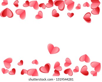 Heart scatter flying on white background. Women's Day postcard vector backdrop. Red and crimson folded paper hearts. Friendship relations symbols. Elegant random flying confetti.