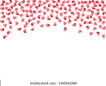 Heart scatter flying on white background. March 8 postcard vector backdrop. Red and pink folded paper cut hearts. Friendship relations symbols. Fancy decor graphic design.