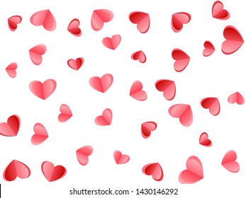 Heart scatter flying on white background. Wedding invitation vector backdrop. Red and pink folded paper hearts. Couple relations symbols. Elegant random flying confetti.