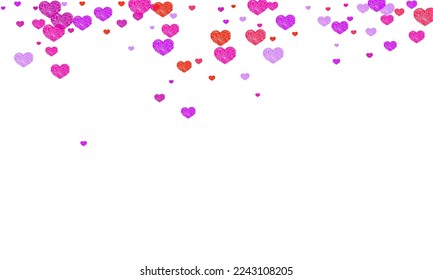 Heart scatter flying on white background. Red and crimson folded paper hearts. Modern wedding invitation card background. Party decor hearts flying beautiful banner backdrop.