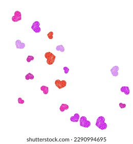 Heart scatter flying on white background. Red and crimson folded paper hearts. Modern wedding invitation card background. Little flying confetti print design.