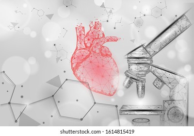 Heart science microscope 3d medicine low poly concept. Triangle red pharmacy drugstore background. Modern drug treatment recovery meds vector illustration