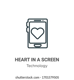 Heart in a screen outline vector icon. Thin line black heart in a screen icon, flat vector simple element illustration from editable technology concept isolated stroke on white background