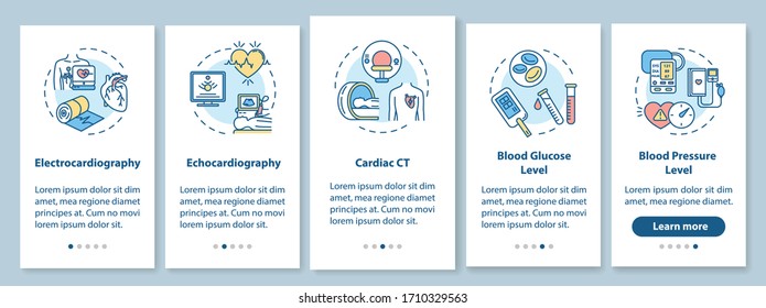 Heart screening onboarding mobile app page screen with concepts. Glucose level blood testing walkthrough 5 steps graphic instructions. UI vector template with RGB color illustrations