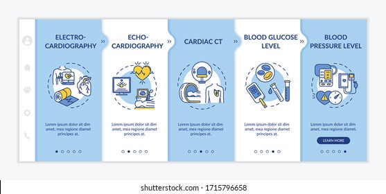Heart screening onboarding vector template. Cardiovascular disease diagnostics. Health examination. Responsive mobile website with icons. Webpage walkthrough step screens. RGB color concept