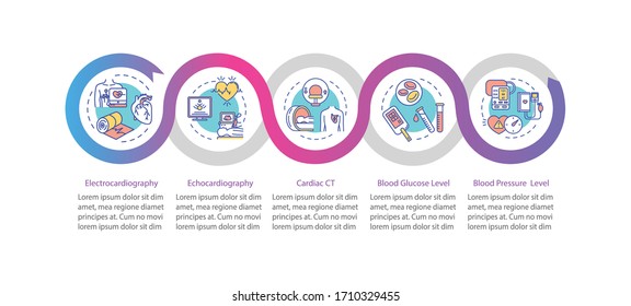 Heart screening vector infographic template. Cardiovascular disease diagnostics presentation design elements. Data visualization with 5 steps. Process timeline chart. Workflow layout with linear icons