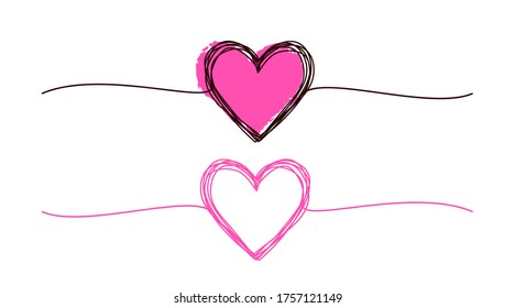 Heart scribble banner set hand drawn with thin line, divider shape. Ink brush painted heart for Valentine's day. Isolated on white background. Vector illustration
