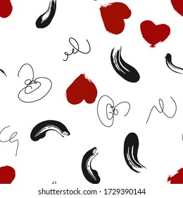 Heart Scribble Print. Red and Black Paint Brush Pattern. Hearts Paint Pattern. Art Brush & Hearts. Pen Scribble Pattern.