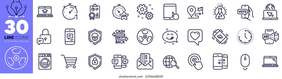 Heart, Scroll down and Chemical hazard line icons pack. Credit card, Lock, Smartphone sms web icon. Market sale, Internet, Cashback card pictogram. Augmented reality, Yummy smile. Vector