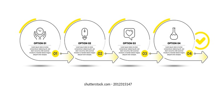 Heart, Scroll down and Safe time line icons set. Timeline process infograph. Chemistry lab sign. Like rating, Mouse swipe, Hold clock. Laboratory. Technology set. Infographics timeline banner. Vector