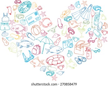 heart from sea objects, hand drawn infographic sketches, line drawing design elements