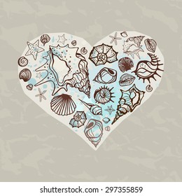 Heart of Sea shells. Hand drawn vector illustration