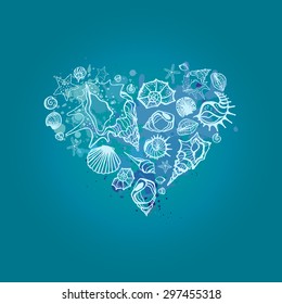 Heart of Sea shells. Hand drawn vector illustration