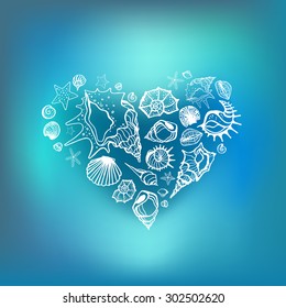 Heart of Sea shells. Seashells Hand drawn vector illustration