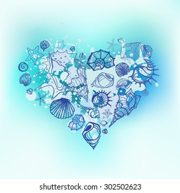 Heart of Sea shells. Seashells Hand drawn vector illustration