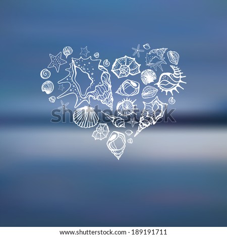 Heart of Sea shells.  Summer holidays. Hand drawn vector illustration. Sea background.