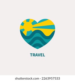 Heart, sea and sun logotype, travel icon. Summer logo, resort, weekend. Love of travel, nature