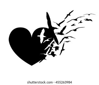 Heart and seagull birds. Love and freedom symbol