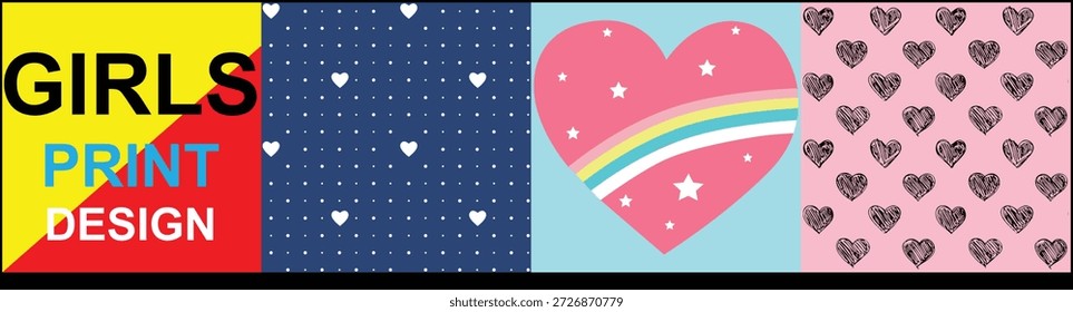 Heart Seamless Allover Vector Design, Heart seamless repeat allover for kids were. Girls printed design. allover seamless rotary print.