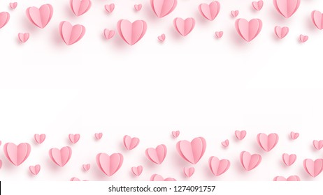 Heart seamless background with light pink paper cut hearts. Love pattern for graphic design, cards, banner, flyer greetings. Vector illustration.