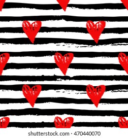 Heart seamless background. Striped pattern. Hand drawn red hearts as symbol for love, wedding, Valentines Day. Vector illustration.