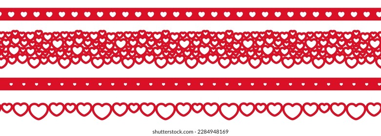 Heart seamless border set. Valentines's day decoration vector design for laser cut. Red and white ribbons with romantic symbol.